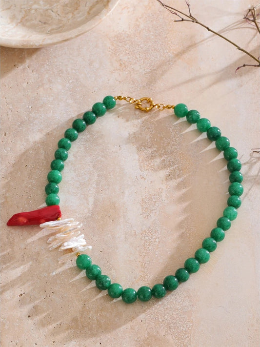 Green natural stone freshwater pearl necklace - product image