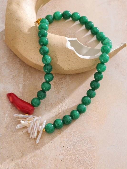 Green natural stone freshwater pearl necklace - product image