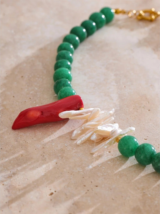Green natural stone freshwater pearl necklace - product image