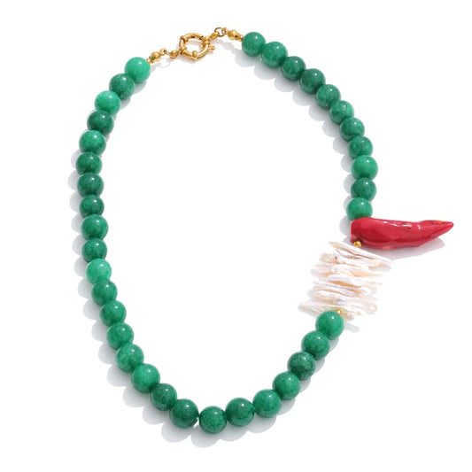 Green natural stone freshwater pearl necklace - product image
