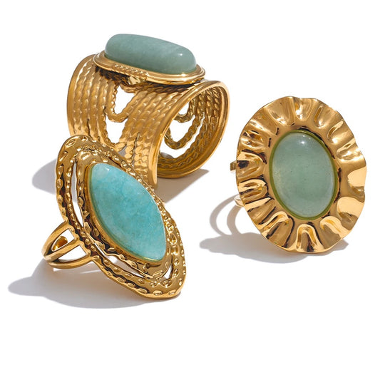 Green natural stone open adjustable contemporary ring - product image
