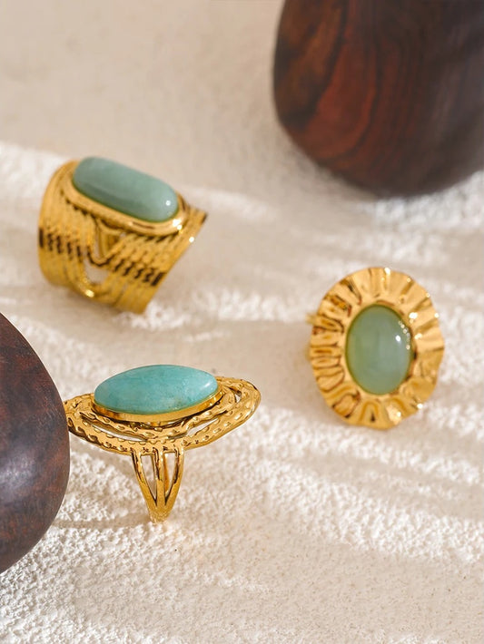Green natural stone open adjustable contemporary ring - product image
