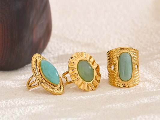 Green natural stone open adjustable contemporary ring - product image