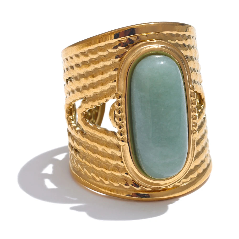 Green natural stone open adjustable contemporary ring - product image