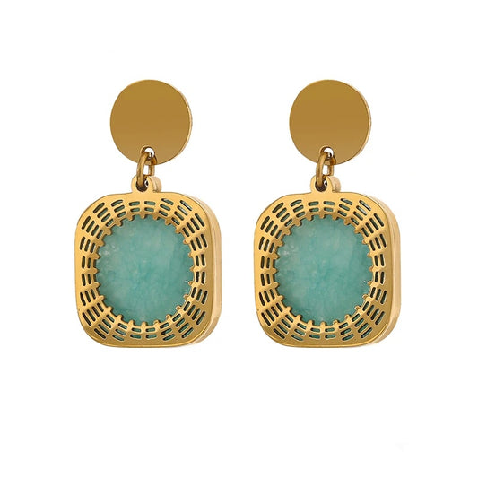 Green natural stone square dangle earrings - product image
