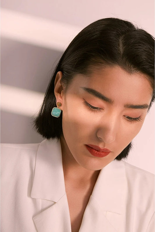 Green natural stone square dangle earrings - product image