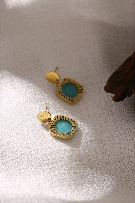 Green natural stone square dangle earrings - product image