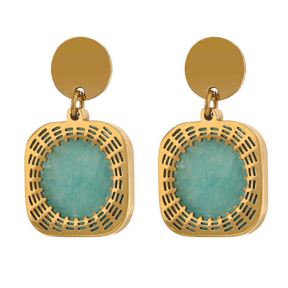 Green natural stone square dangle earrings - product image