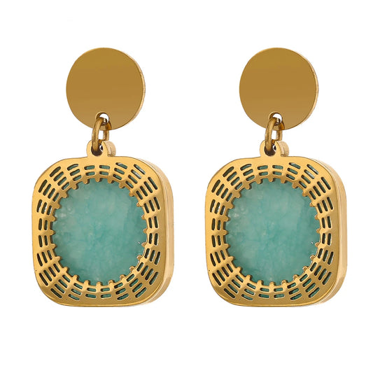 Green natural stone square dangle earrings - product image