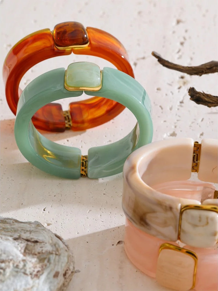 Green pink beige amber acrylic wide bracelet - product image