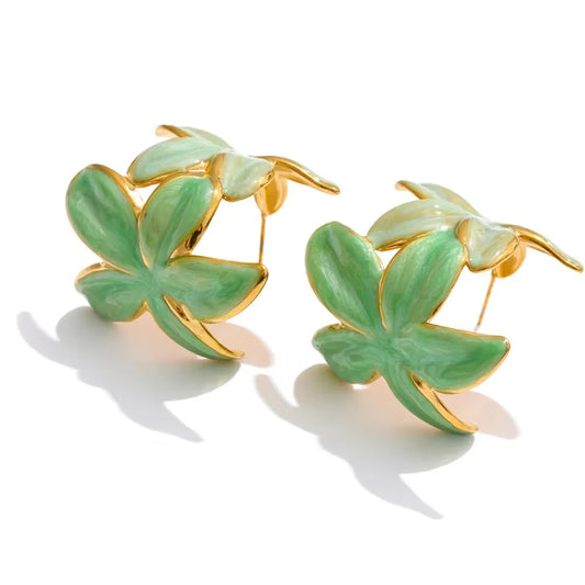 Green pink enamel flower huggie hoop earrings - product image