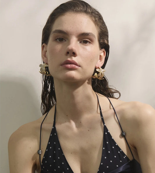 Green pink enamel flower huggie hoop earrings - product image