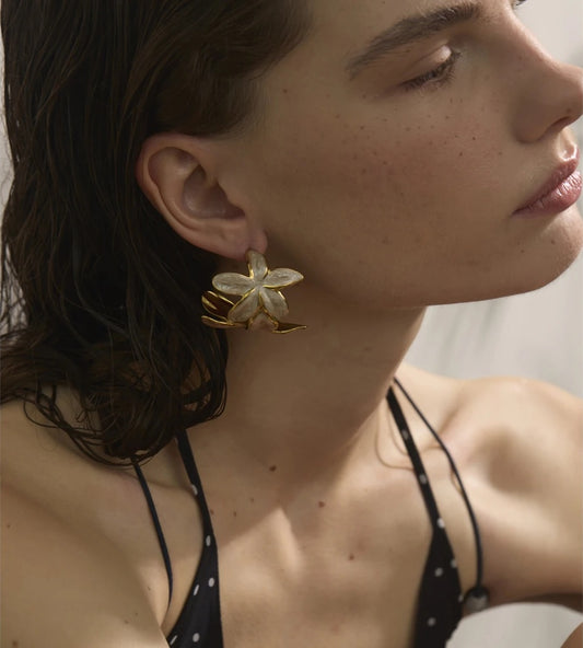Green pink enamel flower huggie hoop earrings - product image