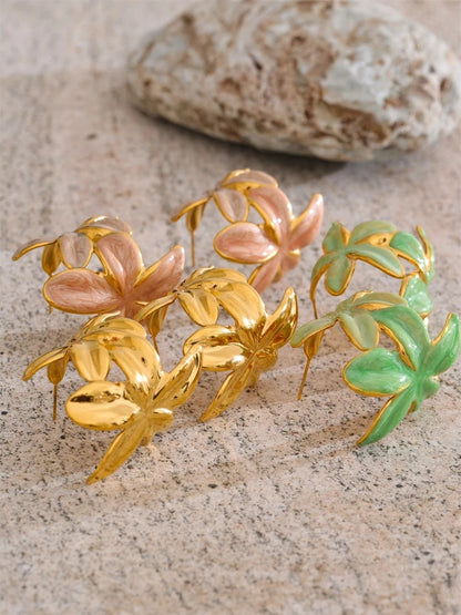 Green pink enamel flower huggie hoop earrings - product image