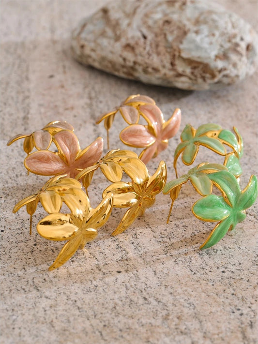 Green pink enamel flower huggie hoop earrings - product image
