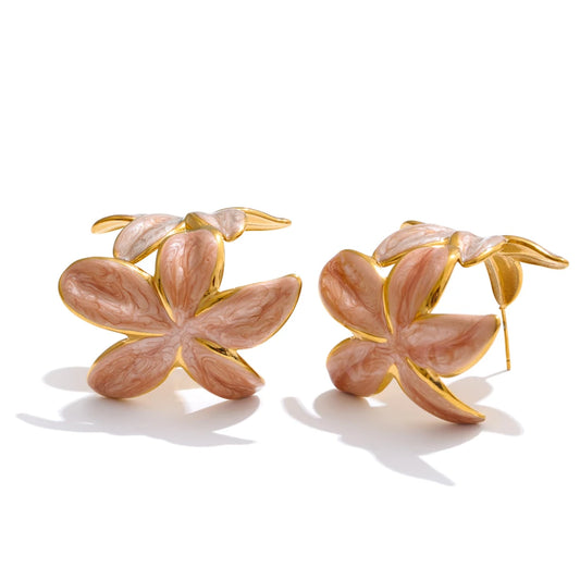 Green pink enamel flower huggie hoop earrings - product image