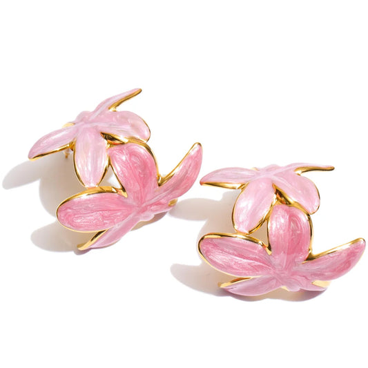 Green pink enamel flower huggie hoop earrings - product image