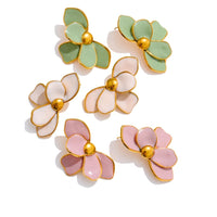 Green Pink Enamel Petal Flower Stud Earrings