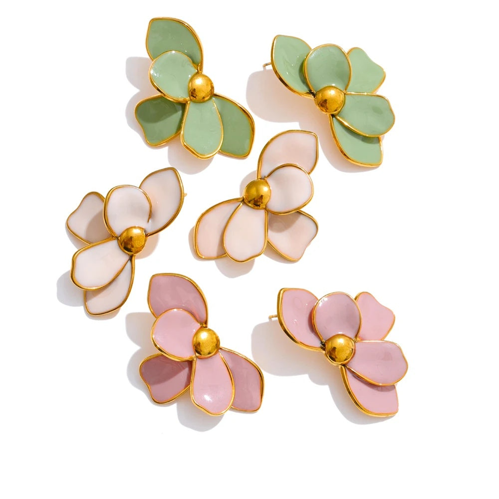 Green pink enamel petal flower stud earrings - product image