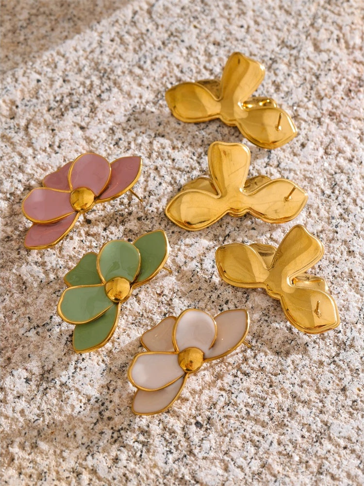 Green pink enamel petal flower stud earrings - product image