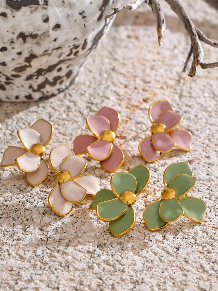 Green pink enamel petal flower stud earrings - product image