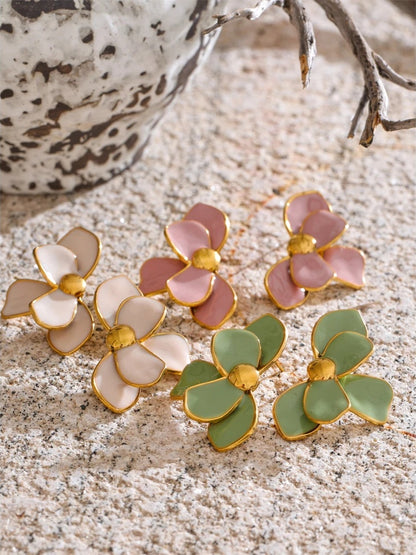Green pink enamel petal flower stud earrings - product image