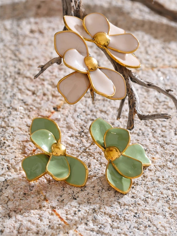 Green pink enamel petal flower stud earrings - product image