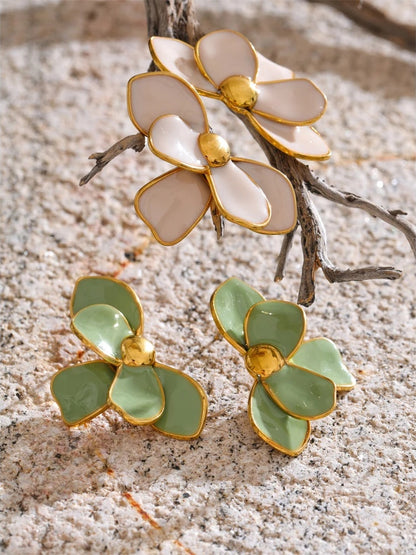 Green pink enamel petal flower stud earrings - product image