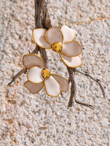 Green pink enamel petal flower stud earrings - product image