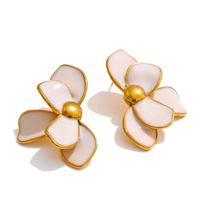 Green pink enamel petal flower stud earrings - product image