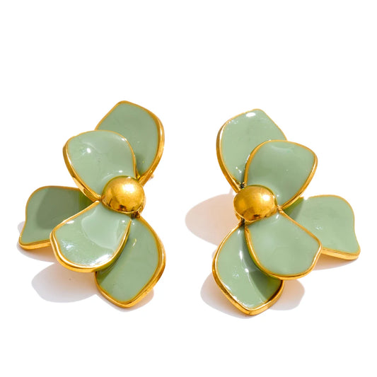 Green pink enamel petal flower stud earrings - product image