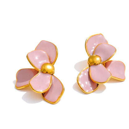 Green pink enamel petal flower stud earrings - product image