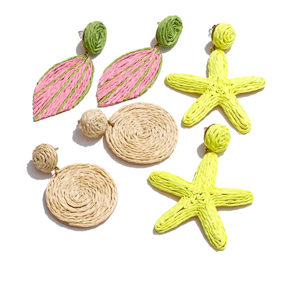 Green raffia starfish dangle earrings - product image