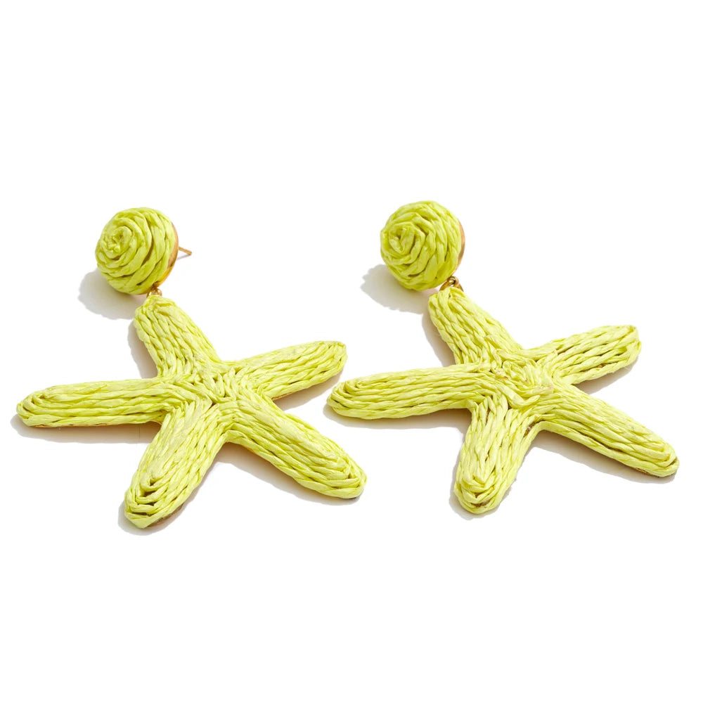 Green raffia starfish dangle earrings - product image