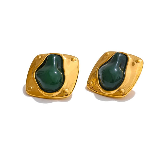 Green resin stone cast stud earrings - product image