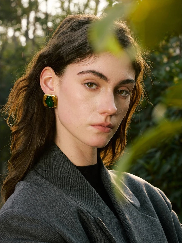 Green resin stone cast stud earrings - product image