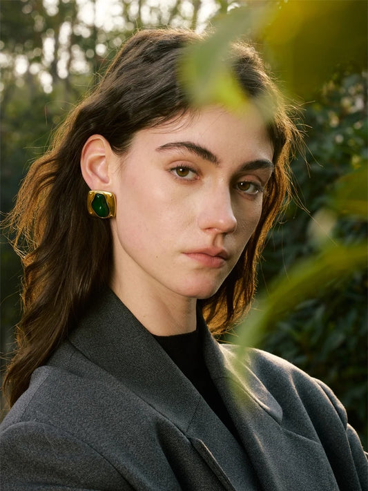 Green resin stone cast stud earrings - product image