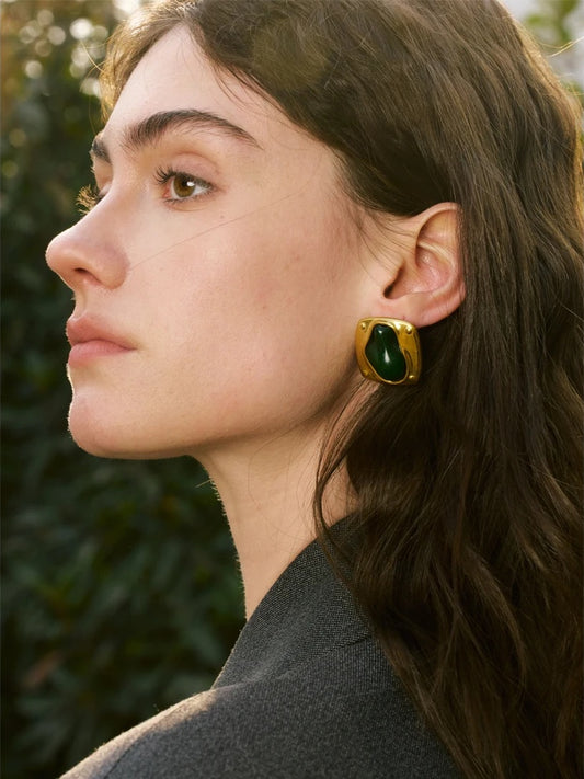 Green resin stone cast stud earrings - product image