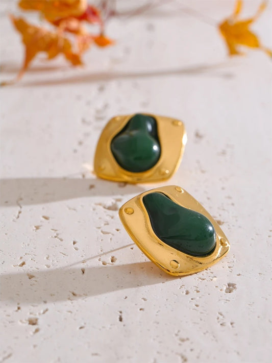 Green resin stone cast stud earrings - product image