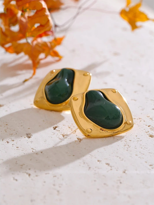 Green resin stone cast stud earrings - product image