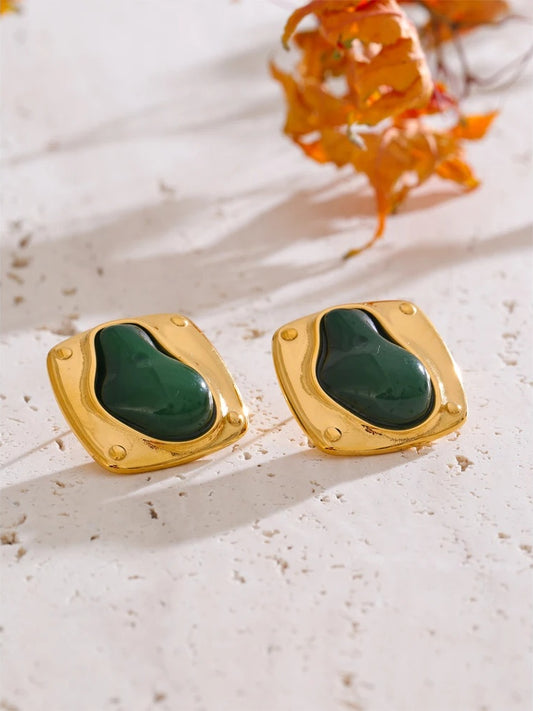 Green resin stone cast stud earrings - product image