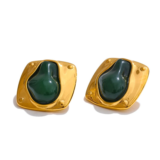 Green resin stone cast stud earrings - product image