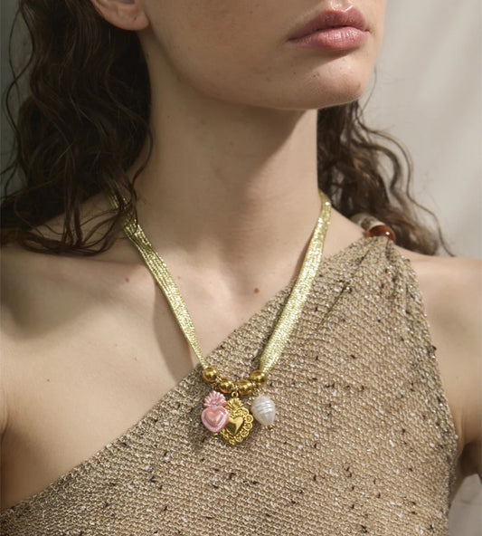 Green rope pearl ladybird heart charm - product image