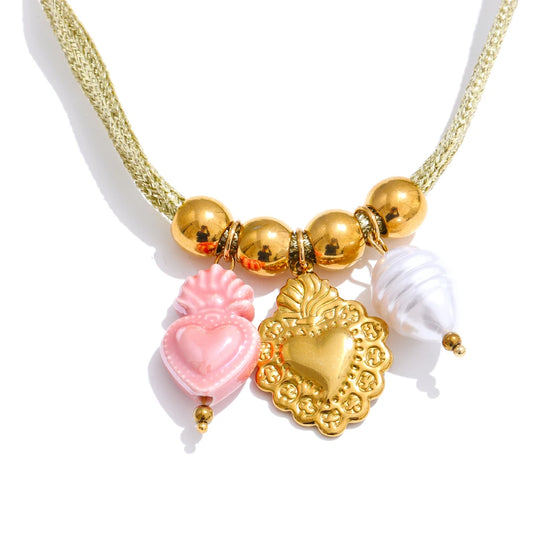 Green rope pearl ladybird heart charm - product image