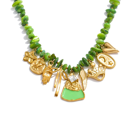 Green shell chain flower drop necklace - product image