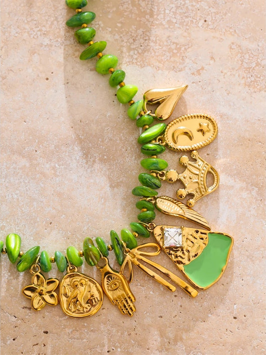 Green shell chain flower drop necklace - product image