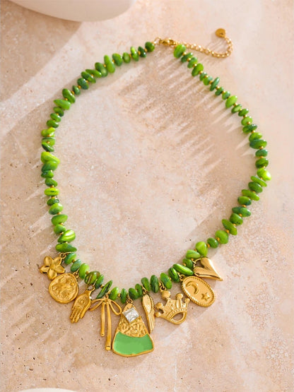 Green shell chain flower drop necklace - product image
