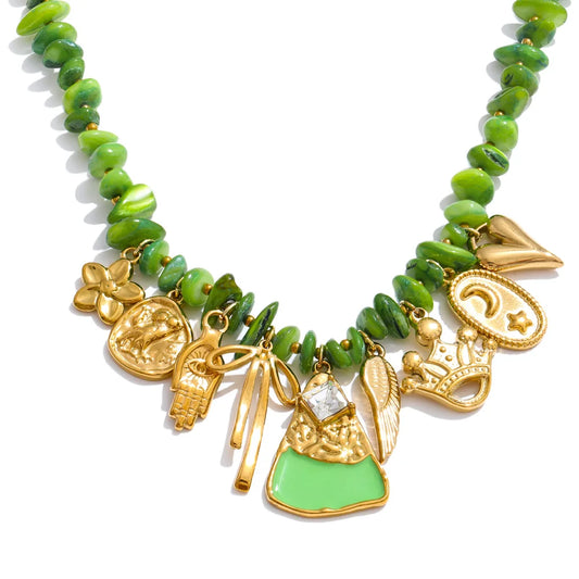Green shell chain flower drop necklace - product image