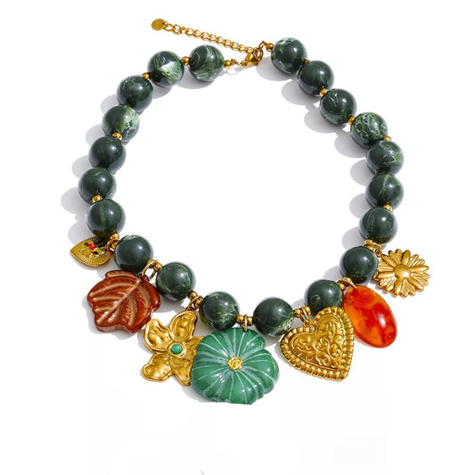 Green stone beads chain leaf flower pendant necklace - product image