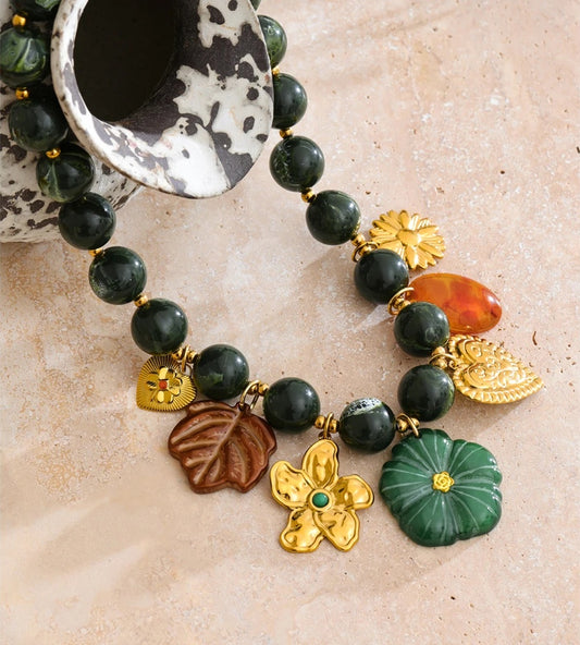 Green stone beads chain leaf flower pendant necklace - product image